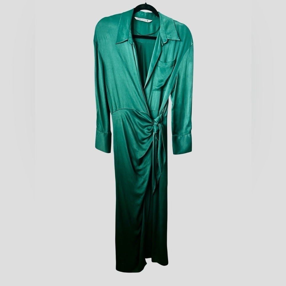 ZARA Limited Edition Green Long Sleeves Maxi Wrap Around Medium Cocktail Dress - Picture 1 of 13